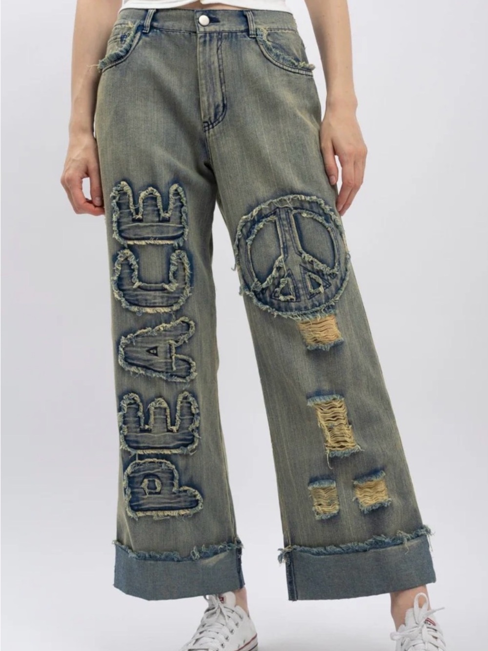 Blue velvet Distressed Peace Patch Jeans Size XL Waist 17’ Inseam 30’